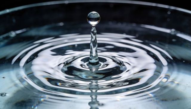 Droplet balancing on rising water column creating concentric ripples and symmetry