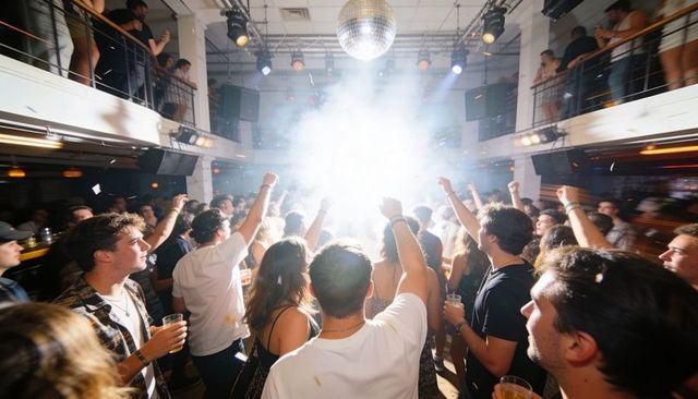 Young crowd dancing under disco ball in packed nightclub with bright stage lights