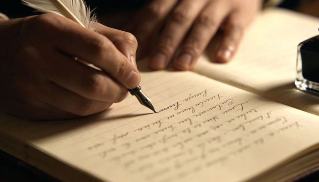 Vintage hands writing cursive with quill and fountain pen on lined journal closeup with ink bottle