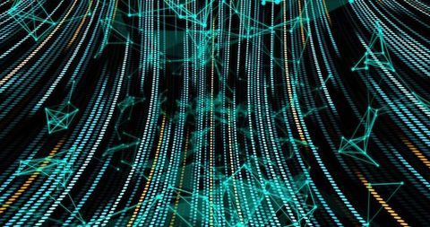 Cascading glowing dot streams in futuristic data network