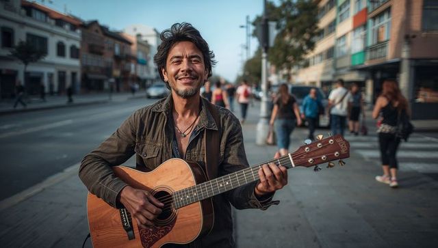 Sunlit street musician playing acoustic guitar on busy urban sidewalk, smiling busker