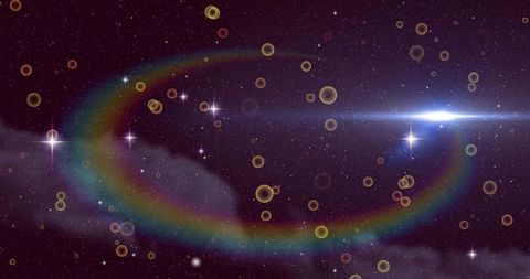 Abstract rainbow arc in cosmic starfield with glowing bubbles