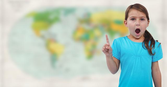 Digital composite of Girl pointing against blurry map
