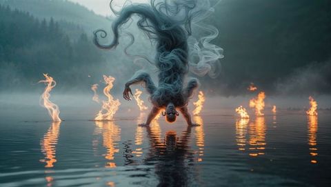 Majestic demonic handstand smoke figure over mystical lake with flaming rings