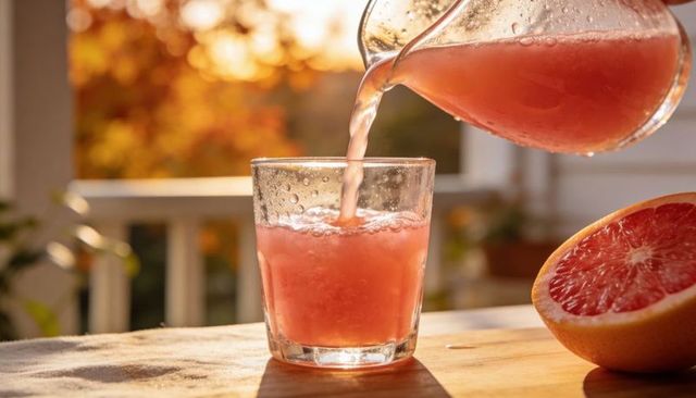 Morning sunlight pouring pink grapefruit juice into glass on wooden porch with bokeh
