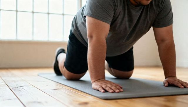Man performing modified knee plank on yoga mat in minimal studio space