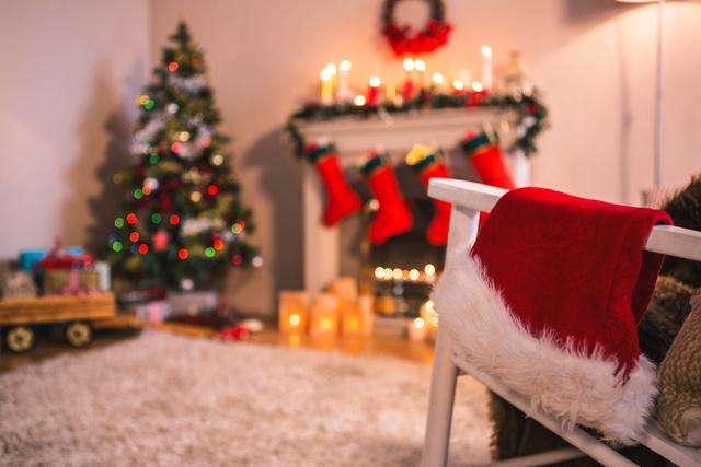 Close-up of santa hat and christmas decoration hanging on chair