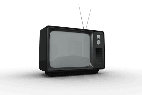 Vintage black tv set with antenna on transparent background