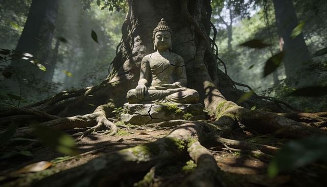 Sitting weathered buddha statue among ancient tree roots with moss and cracks