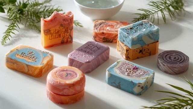 Displaying handmade marbled soap bars on white tabletop with fern sprigs and water drops