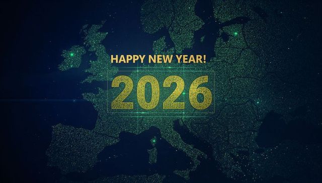Futuristic Neon 2026 Celebrating New Year Over Europe Map with Glittering Gold Numerals