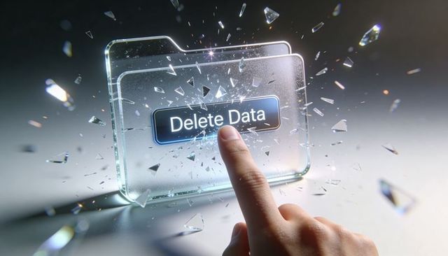 Pressing Delete Data Button Shattering Glass Folder Symbolizing Data Destruction Holographic Shards