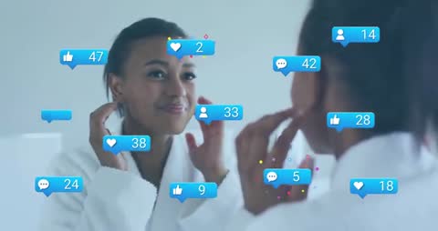 Woman Engaging in Skincare Routine with Social Media Alerts Displayed