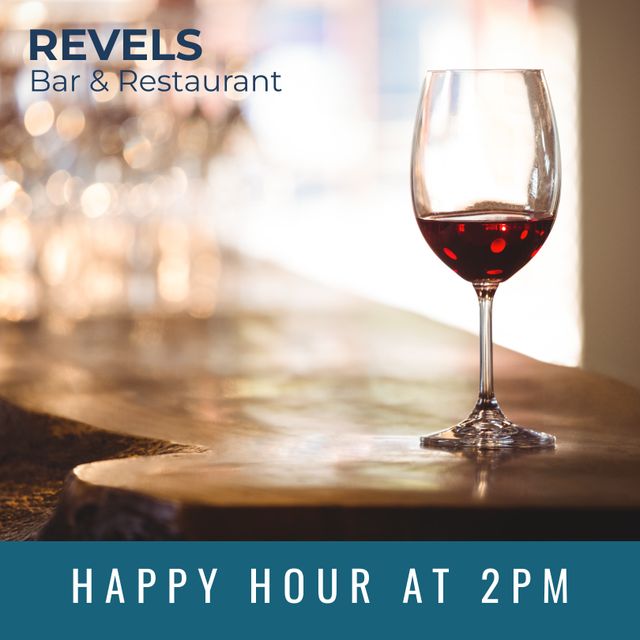 Elegant glass of red wine placed on a sleek countertop at Revels Bar & Restaurant. Perfect for promoting happy hour specials, wine tasting events, or evening socials. Highlights inviting atmosphere perfect for relaxation and socializing.