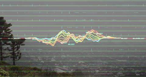 Waveform Overlay Crossing Misty Hillside Overlook with Urban Gridlines