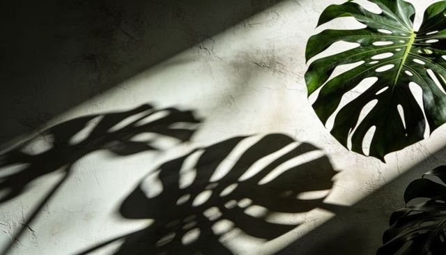 Monstera deliciosa leaf casting strong shadow on textured plaster wall in diagonal sunlight