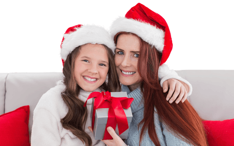 Caucasian Mother and Daughter with Christmas Gift Celebrating on Transparent Background