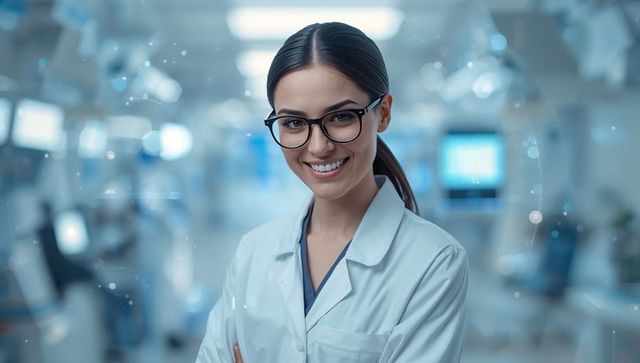 Smiling asian doctor posing with arms crossed in hospital wearing lab coat and glasses
