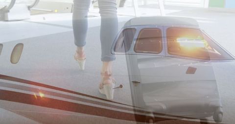 Travel Concept: Woman with Suitcase Overlaying Airplane Image at Airport