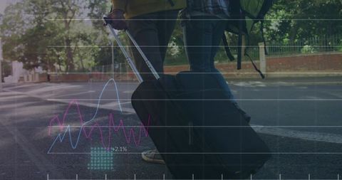 Urban travelers pulling rolling suitcase while walking with overlaid data graphs