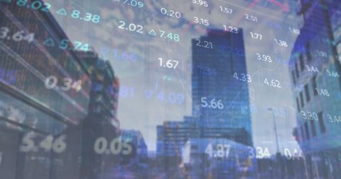 Stock Market Indices Overlaid on Cityscape Modern Buildings Illustration