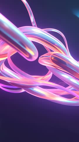 Rotating Reflective Metal Chain Link with Neon Ribbons Swirling Vertical Loop