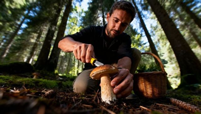 Kneeling forager harvesting porcini mushroom in mossy conifer forest with basket and knife