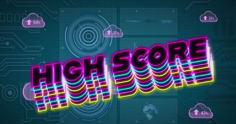 Neon high score text on futuristic digital interface background