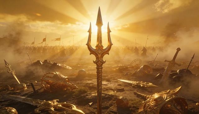 Dominating ornate golden trident rising from scorched battlefield under radiant sunset