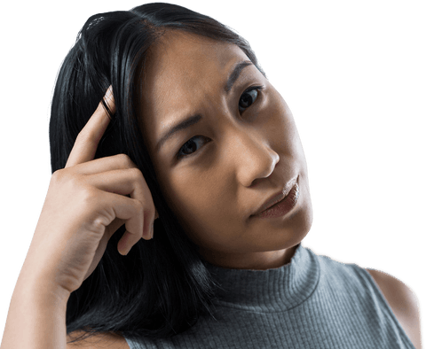 Thoughtful asian woman touching head transparent background