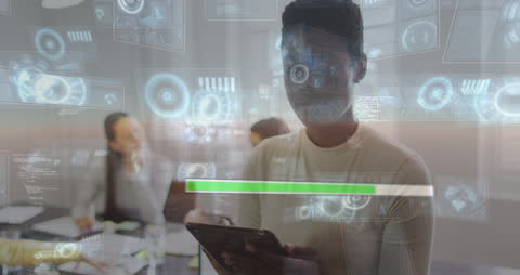 Business Professional Using Smartphone with Digital Interface Overlay