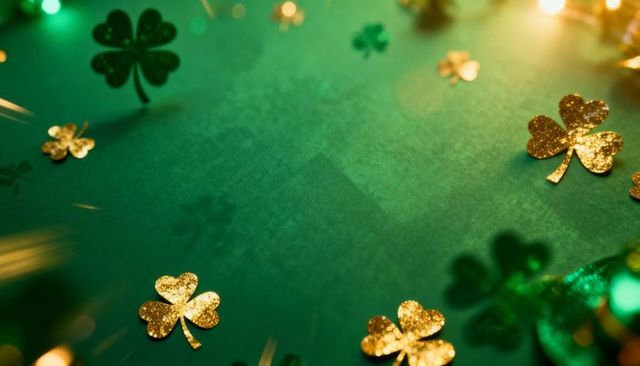 Golden glitter shamrocks on emerald backdrop with festive bokeh and confetti