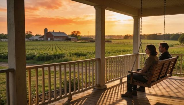 Couple on farmhouse porch swing watching golden hour sunset over barn and crops
