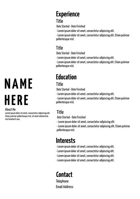 This minimalist black and white resume template is perfect for job seekers wishing to present a clean, professional image. Featuring clearly defined sections for experience, education, interests, and contact information, it facilitates easy reading and ensures critical information stands out. Ideal for use in job applications across various industries, allowing applicants to convey their qualifications effectively and efficiently.