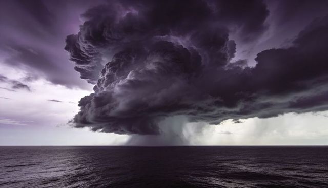 Towering supercell storm over ocean producing intense rain shaft and ominous purple sky