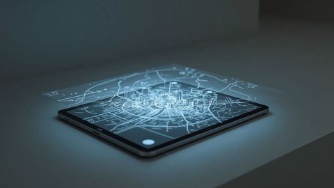 Futuristic Tablet Displaying 3D Holographic City Map