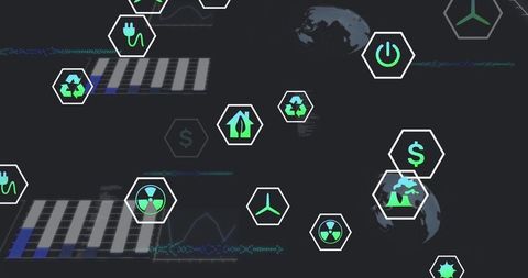 Futuristic Dashboard with Sustainable Energy Icons and Data Visuals