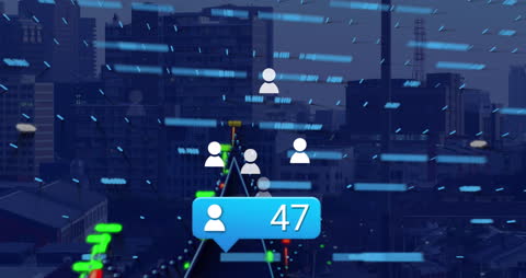 Digital Network Icon Overlay on Cityscape with Media Interaction