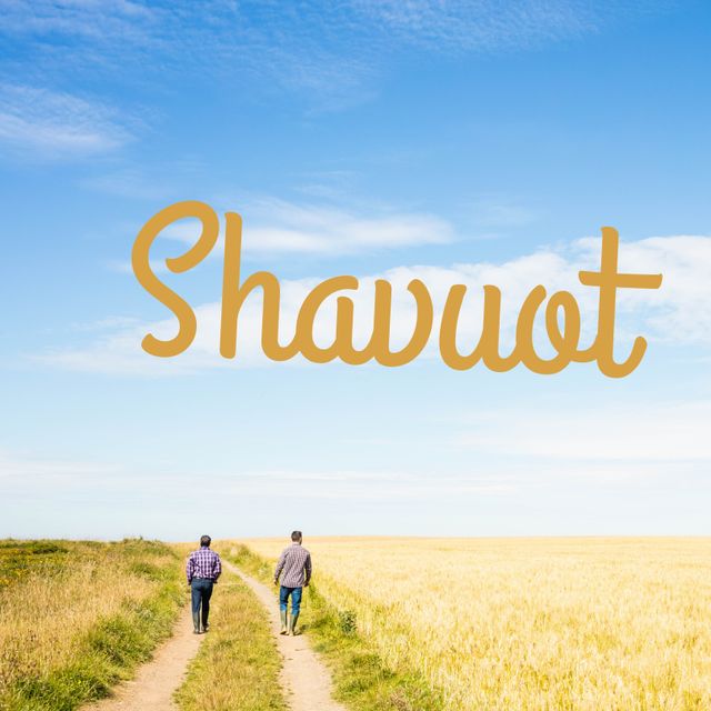 Digital composite image of men walking by wheat field with shavuot text against blue sky. religious and celebration concept, crop, wheat harvest, agriculture.