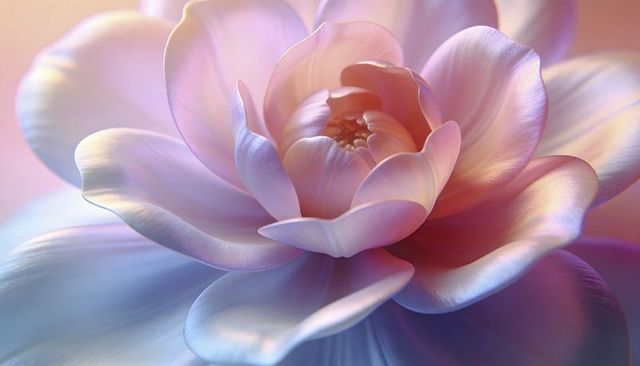 Iridescent Pastel Satin Flower Close-Up Showing Layered Petals and Central Disc Glow