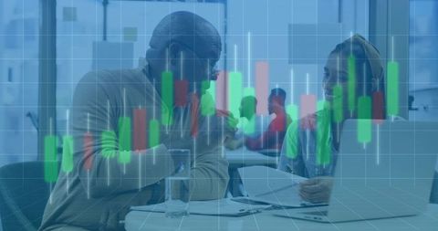 Business Meeting with Financial Graphics Overlay in Office