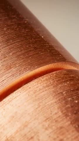 Macro panning revealing copper cylinder groove and brushed metal texture vertical video