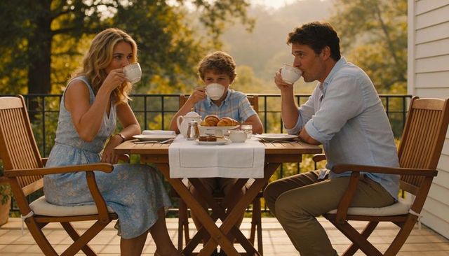 Family of three sipping tea on sunny wooden balcony morning breakfast with croissants