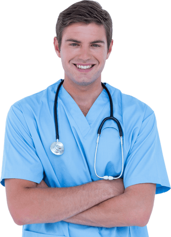 Confident young nurse wearing blue tunic with transparent background