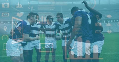 Rugby Team Strategy Meeting with Digital Overlay Graphics