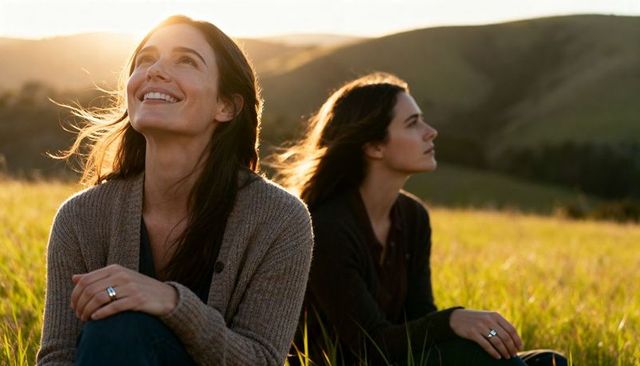 Smiling women sitting in tall grass on sunlit hillside at golden hour wearing cozy cardigans