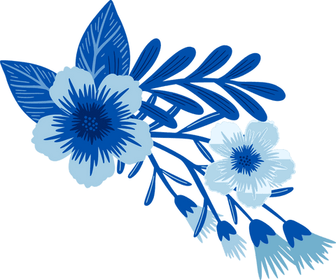 Flat blue floral stems with flowers on transparent background