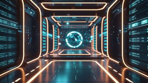 Futuristic Data Center Corridor with Holographic Sphere