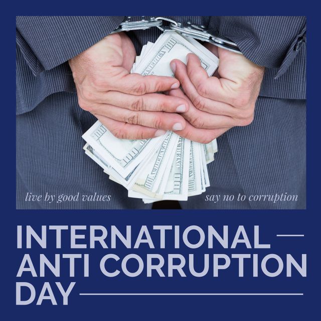 Suitable for promoting International Anti Corruption Day, this image illustrates the serious issue of bribery with a handcuffed individual holding dollar bills wearing a gray suit. Ideal for use in campaigns, educational materials, and social media posts to raise awareness about ethics, combat corruption, and promote law enforcement.