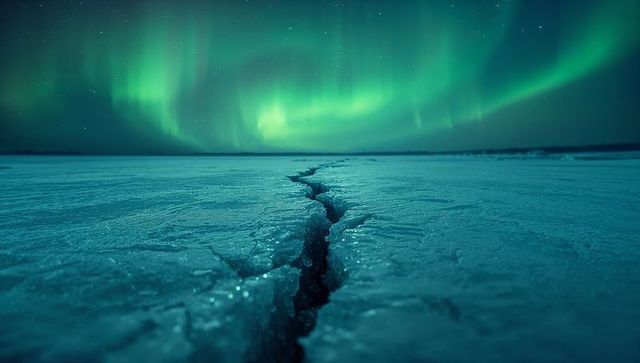 Northern Lights Drape Over Cracked Frozen Lake Surface